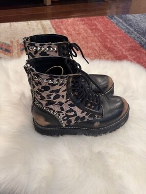 Steve Madden Leopard Print Combat Boots with Black Leather & Silver Studs